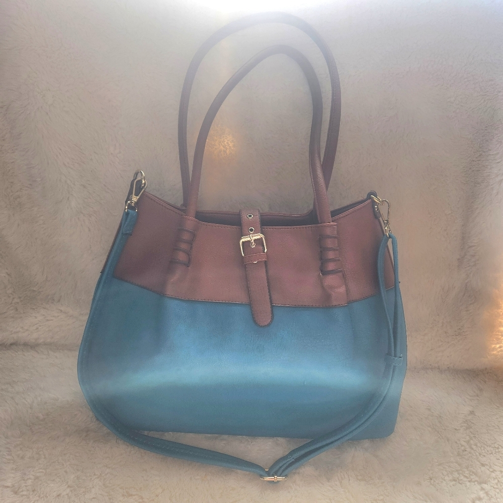 Black Rivet Blue & Brown Faux Leather Shoulder Bag Purse Buckle Detail Handbag